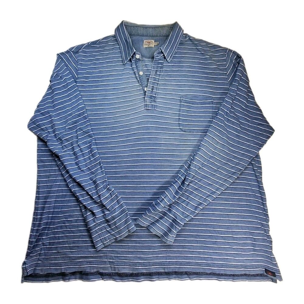 Faherty Sz XXL Polo Shirt Men Blue Striped Long Sleeve Pocket 100% Cotton